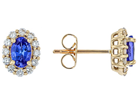 Tanzanite with White Lab Grown Diamond 10K Yellow Gold Stud Earrings 1.14ctw