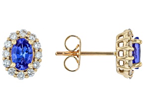 Tanzanite with White Lab Grown Diamond 10K Yellow Gold Stud Earrings 1.14ctw