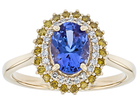 Blue Tanzanite With Yellow Diamond & White Lab Grown Diamond 10K Yellow Gold Halo Ring 1.42ctw