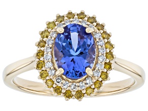 Blue Tanzanite With Yellow Diamond & White Lab Grown Diamond 10K Yellow Gold Halo Ring 1.42ctw