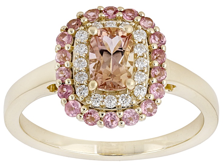 Orange Imperial topaz With Pink Tourmaline & White Moissanite 10K Yellow Gold Ring 0.90ctw