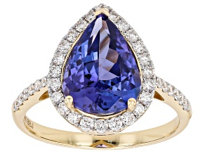 Blue Tanzanite With White Lab Grown Diamond 14K Yellow Gold Halo Ring 4.49ctw