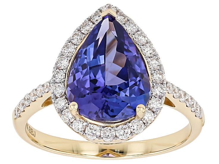 Blue Tanzanite With White Lab Grown Diamond 14K Yellow Gold Halo Ring 4.49ctw