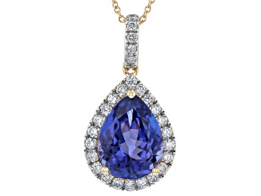 Blue Tanzanite 14K Yellow Gold Halo Drop Pendant With Chain 4.09ctw