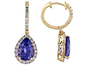 Blue Tanzanite With White Lab Grown Diamond 14K Yellow Gold Halo Dangle Earrings 4.54ctw
