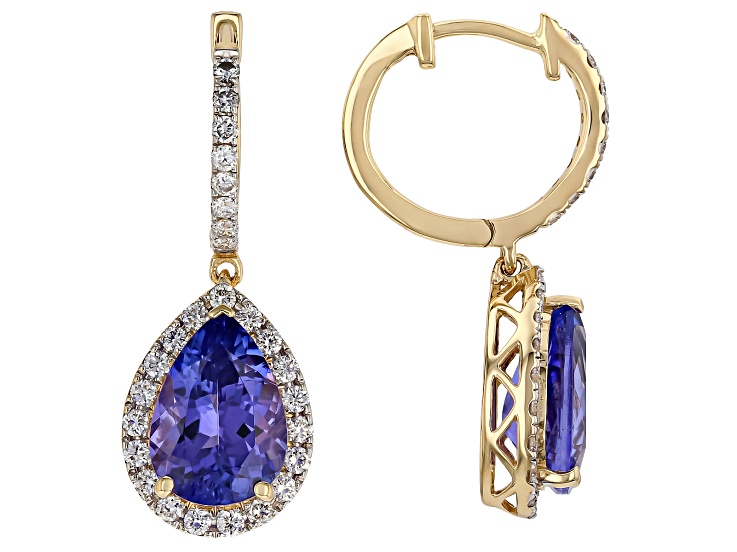 Blue Tanzanite With White Lab Grown Diamond 14K Yellow Gold Halo Dangle Earrings 4.54ctw