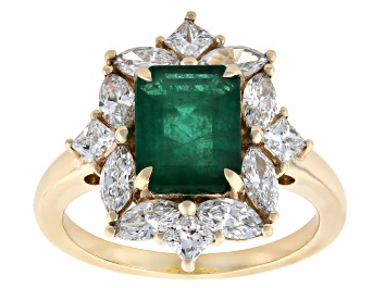 Picture of Green Zambian Emerald With White Lab Grown Diamond D-F VS2-SI 10K Yellow Gold Ring 3.00ctw