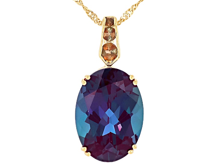 Purple Lab Created Alexandrite with Andalusite 10K Yellow Gold Pendant with chain 5.68ctw