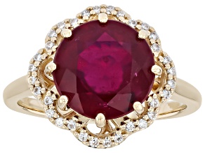 Red Mahaleo(R) Ruby With White Moissanite 10K Yellow Gold Halo Ring 4.63ctw