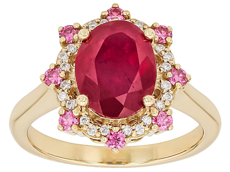 Mahaleo(R)Ruby with White and Pink Moissanite 6K Yellow Gold Ring