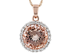 Pink Morganite With White Lab Grown Diamond 10K Rose Gold Halo Pendant With Chain 5.31ctw
