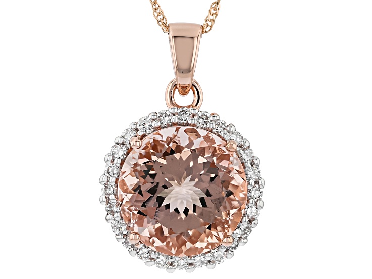 Pink Morganite With White Lab Grown Diamond 10K Rose Gold Halo Pendant With Chain 5.31ctw