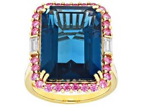 London Blue Topaz With White & Pink Moissanite 10K Yellow Gold Halo Ring 18.14ctw