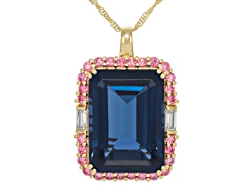 Picture of London Blue Topaz With White & Pink Moissanite 10K Yellow Gold Halo Pendant With Chain 18.14ctw