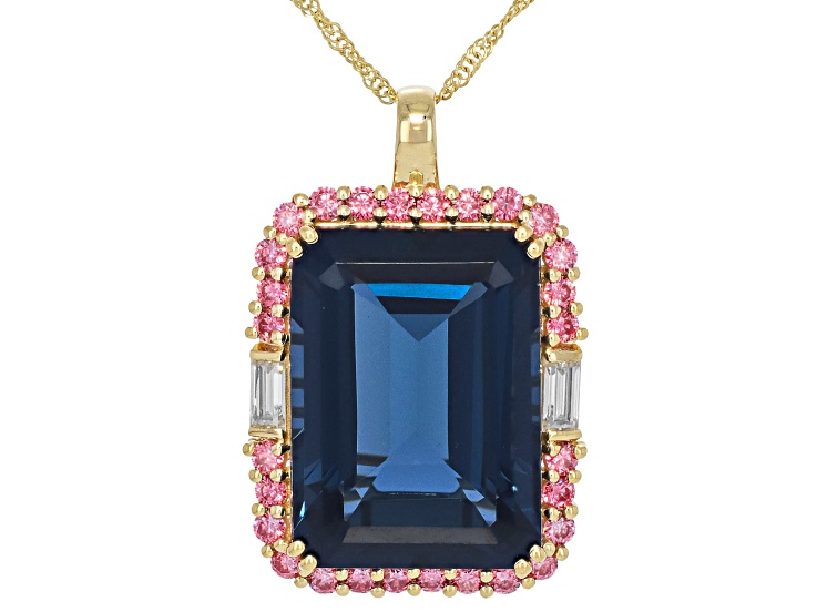 London Blue Topaz With White & Pink Moissanite 10K Yellow Gold Halo Pendant With Chain 18.14ctw