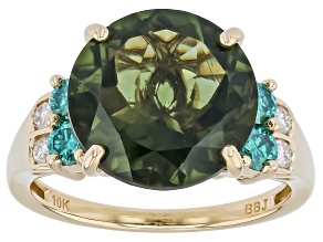 Green Moldavite with White and Green Moissanite 10K Yellow Gold Ring 5.01ctw