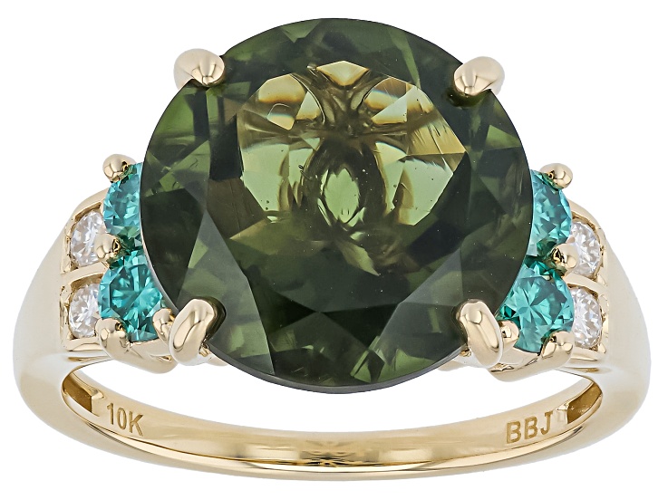 Green Moldavite with White and Green Moissanite 10K Yellow Gold Ring 5.01ctw