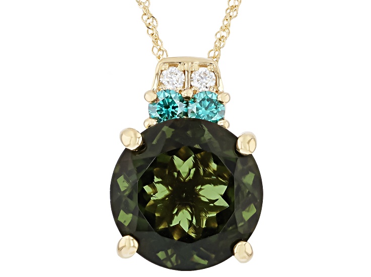 Green Moldavite with White and Green Moissanite 10K Yellow Gold Pendant with Chain 4.86ctw
