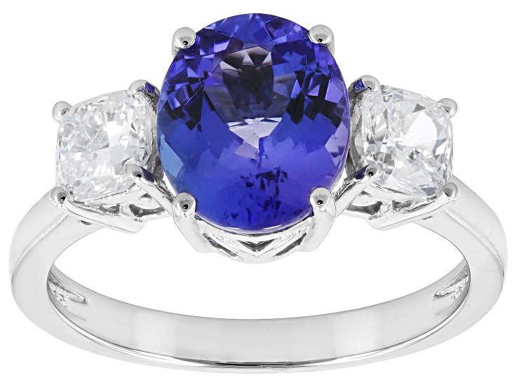 Blue Tanzanite with White Lab-Grown Diamond Rhodium Over Platinum Ring 3.52ctw
