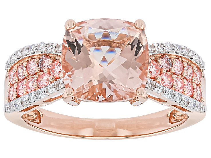 Peach Morganite with Cushion White and Pink lab Grown Diamond 10K Rose Gold Ring 3.03ctw