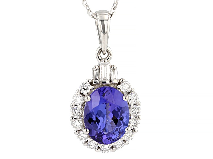 Blue Tanzanite with White Lab-Grown Diamond Rhodium Over Platinum Pendant with Chain 2.14ctw