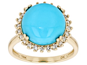 Blue Sleeping Beauty Turquoise with White Lab Grown Diamond 10K Yellow Gold Ring 0.20ctw