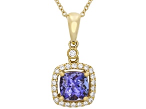 Tanzanite With White Diamond 18k Yellow Gold Halo Pendant With Chain 1.40ctw