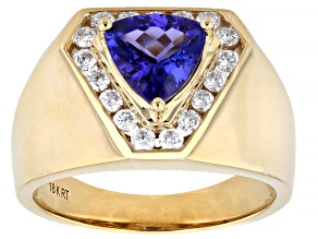Tanzanite With White Diamond 18k Yellow Gold Halo Gents Ring 2.50ctw