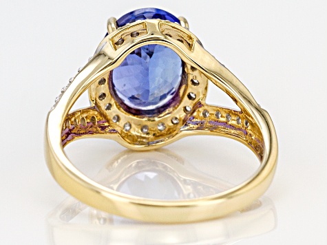 Blue Tanzanite With Round White Diamond 14k Yellow Gold Ring 3.31ctw