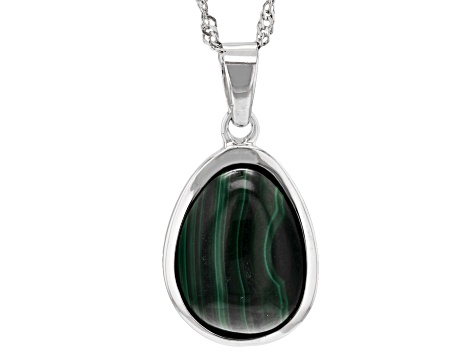 Green Malachite Rhodium Over Sterling Silver Pendant With Chain