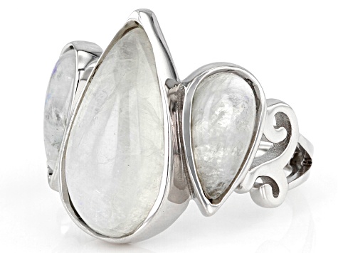 Pear Rainbow Moonstone Rhodium Over Sterling Silver Ring