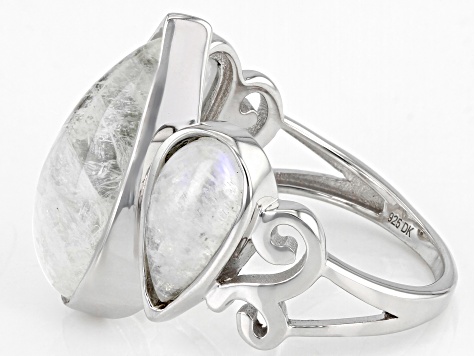 Pear Rainbow Moonstone Rhodium Over Sterling Silver Ring