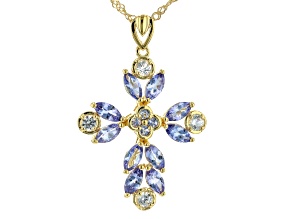 Blue Tanzanite 18k Yellow Gold Over Sterling Silver Cross Pendant With Chain 2.54ctw