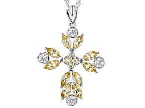 Yellow Citrine Rhodium Over Sterling Silver Cross Pendant With Chain 2.37ctw