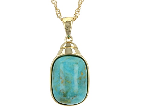Blue Kingman Turquoise 18k Yellow Gold Over Sterling Silver Pendant With Chain 14x10mm