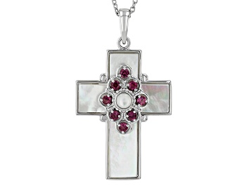 Picture of White Mother-Of-Pearl Rhodium Over Sterling Silver Cross Enhancer With Chain 0.61ctw