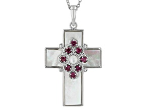 White Mother-Of-Pearl Rhodium Over Sterling Silver Cross Enhancer With Chain 0.61ctw