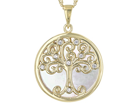 White Mother-Of-Pearl 18k Yellow Gold Over Silver Tree Of Life Pendant Chain 0.10ctw