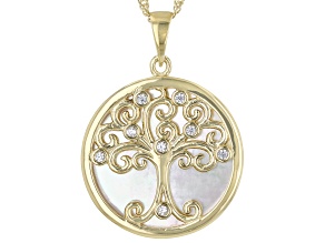 White Mother-Of-Pearl 18k Yellow Gold Over Silver Tree Of Life Pendant Chain 0.10ctw