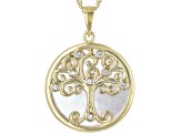 White Mother-Of-Pearl 18k Yellow Gold Over Silver Tree Of Life Pendant Chain 0.10ctw