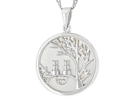 White Mother-Of-Pearl Rhodium Over Sterling Silver Tree Of Life Pendant With Chain