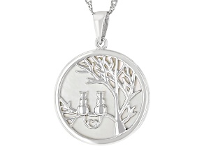 White Mother-Of-Pearl Rhodium Over Sterling Silver Tree Of Life Pendant With Chain