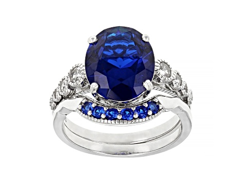 Blue Lab Created Spinel Rhodium Over Sterling Silver Ring Set 4.39ctw