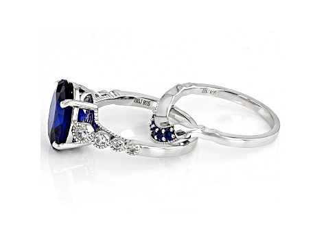 Blue Lab Created Spinel Rhodium Over Sterling Silver Ring Set 4.39ctw