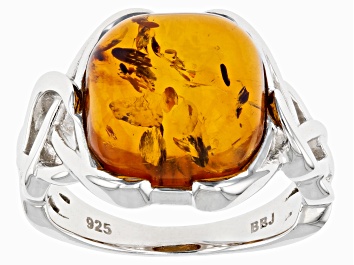 Picture of Orange Amber Rhodium Over Sterling Silver Solitaire Ring