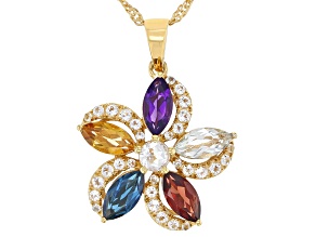 Multi Gem 18k Yellow Gold Over Sterling Silver Flower Pendant With Chain 3.51ctw