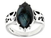 Gray Labradorite Rhodium Over Sterling Silver Solitaire Ring 16x8mm