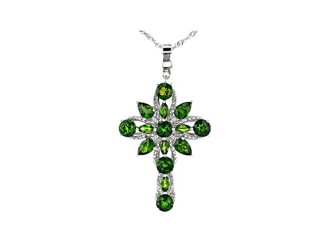 Green Chrome Diopside Rhodium Over Sterling Silver Cross Enhancer Pendant With Chain 4.78ctw