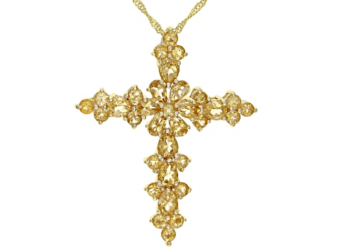 Yellow Citrine 18K Yellow Gold Over Silver Cross Pendant With Chain 4.49ctw