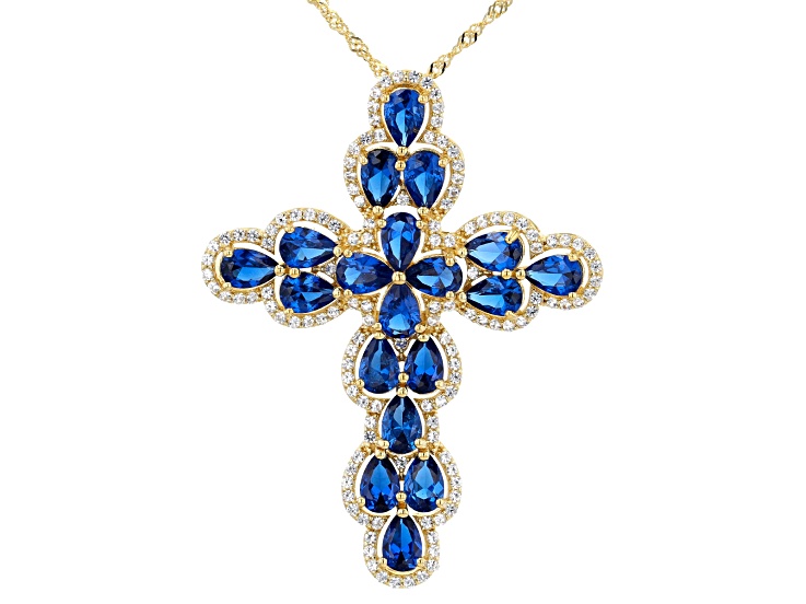 Blue Lab Created Spinel 18k Yellow Gold Over Silver Cross
